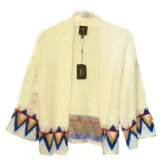 Bobeau Ivory Fuzzy Open Front Cardigan With Blue & Gold Tribal Design Size Small - Picture 1 of 11